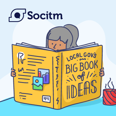 Illustration of a woman sitting at a desk and reading a book that is so large only her head can be seen. to her left is a mug of hot drink.