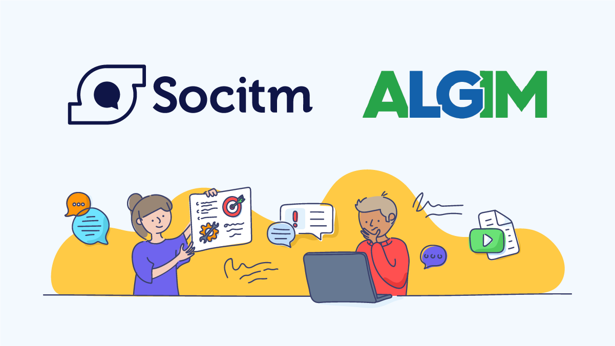 The Socitm and ALGIM logos. Underneath the logos is an illustration of 2 people at a desk. A woman is holding up a paper chart and a man is sitting looking at an open laptop.