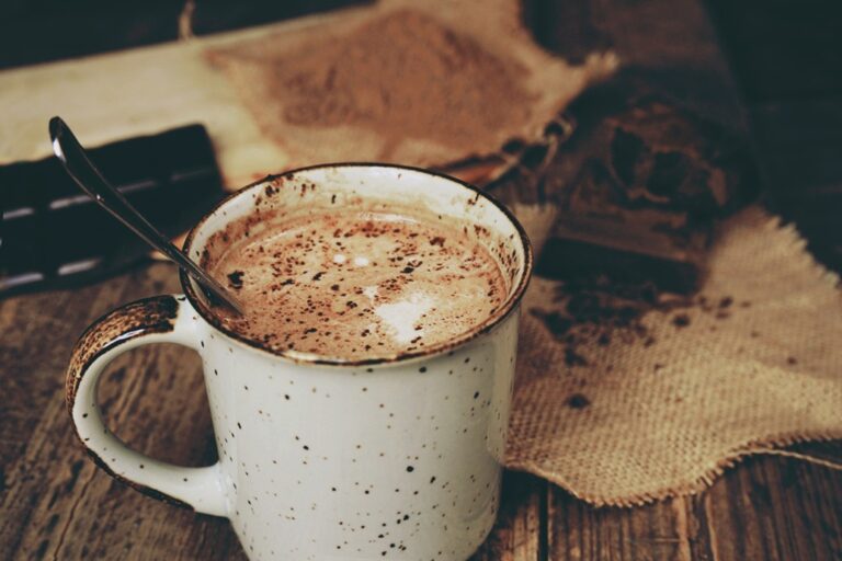 Close-up on mug of hot chocolate.
