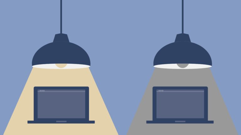Illustration of 2 laptops side-by-side. Both have lights suspended over them. The light on the lefthand laptop is on, the other is not.