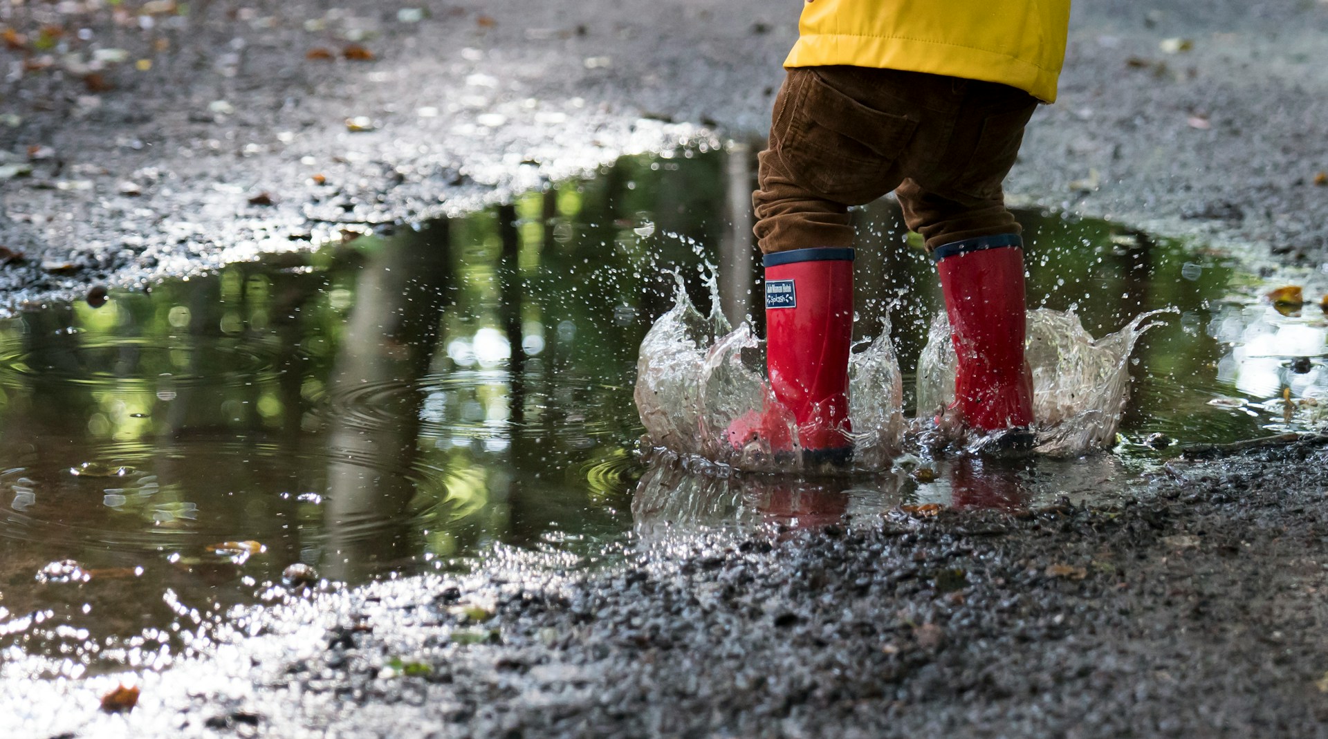 Toddler (from the waist down) in wellies splashing in a puddle