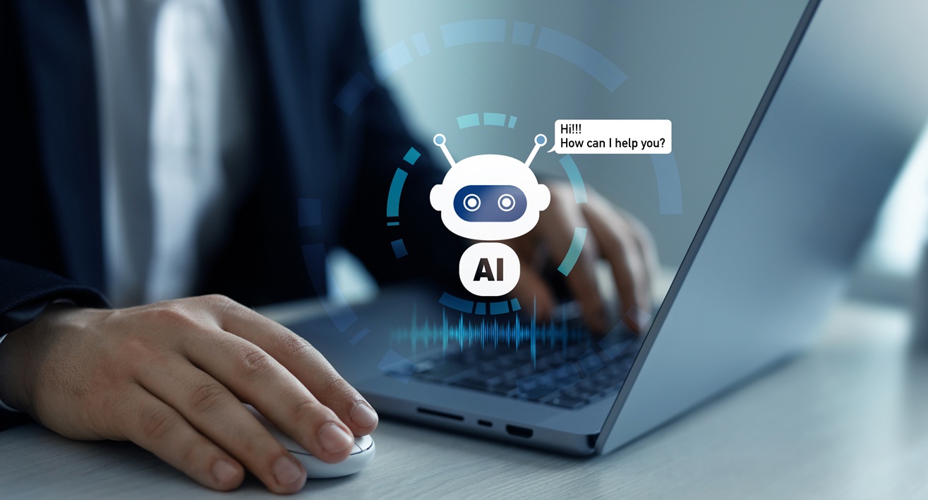Focus on a pair of hands using a laptop. Over this is an illustration of a robot saying 'Hiiiii How can I help you?'