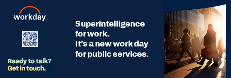 Workday partner advert. Superintelligence for work. It's a new work day for public services.